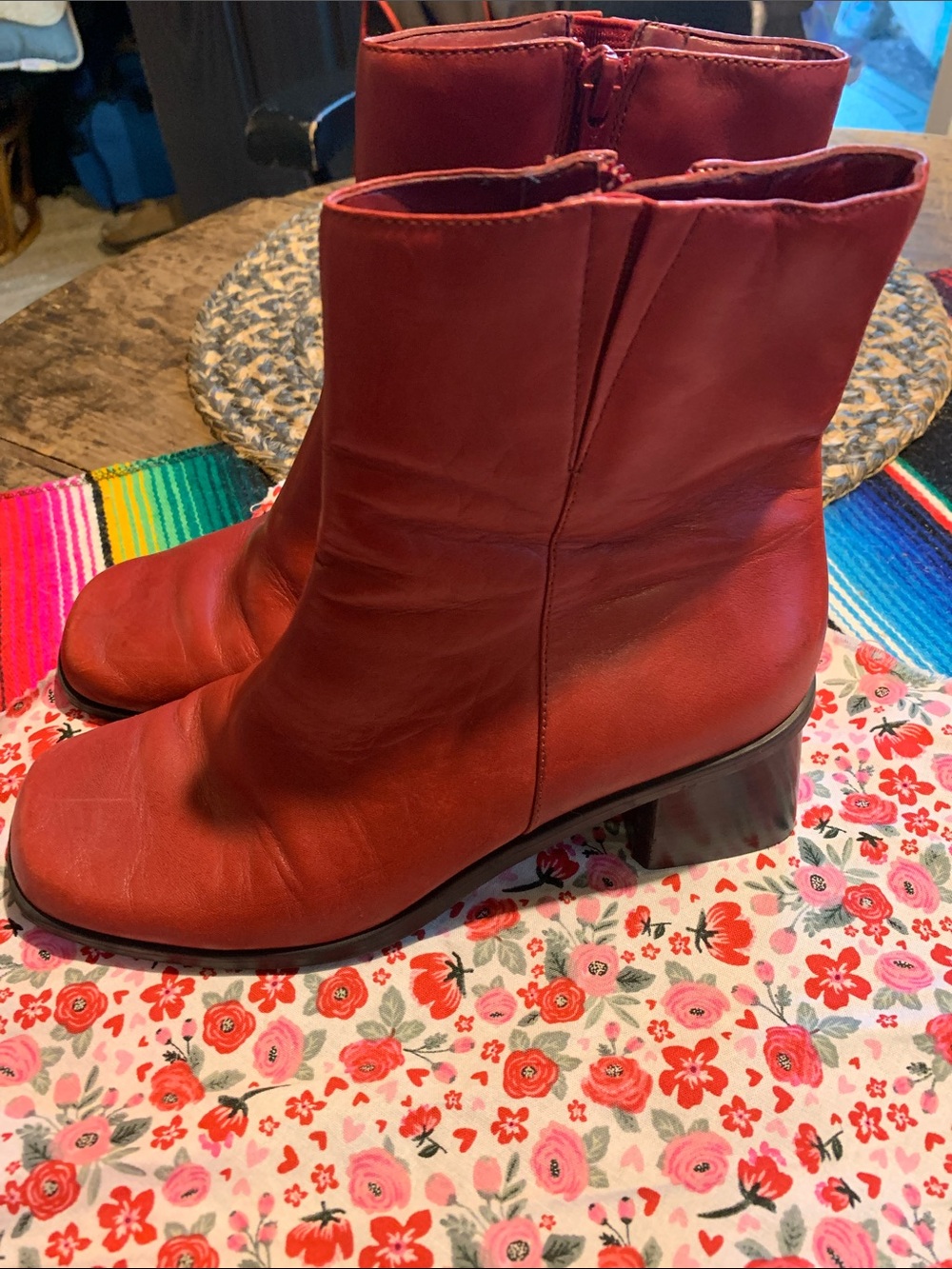 Madeline Red Leather Ankle Boots with Block Heel